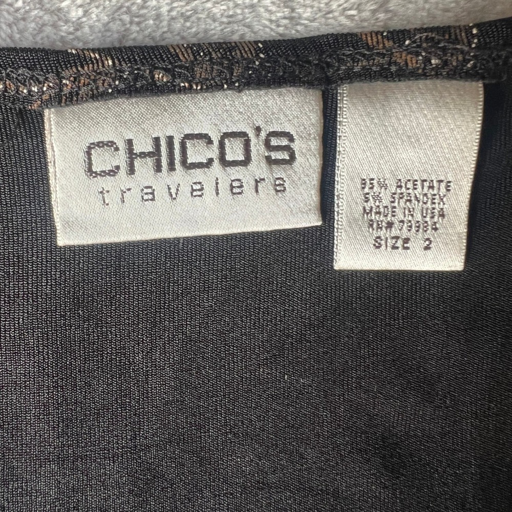 Chico's Travelers Black Bronze Metallic Tropical Leaf Print sling Dress Size L - Picture 9 of 9